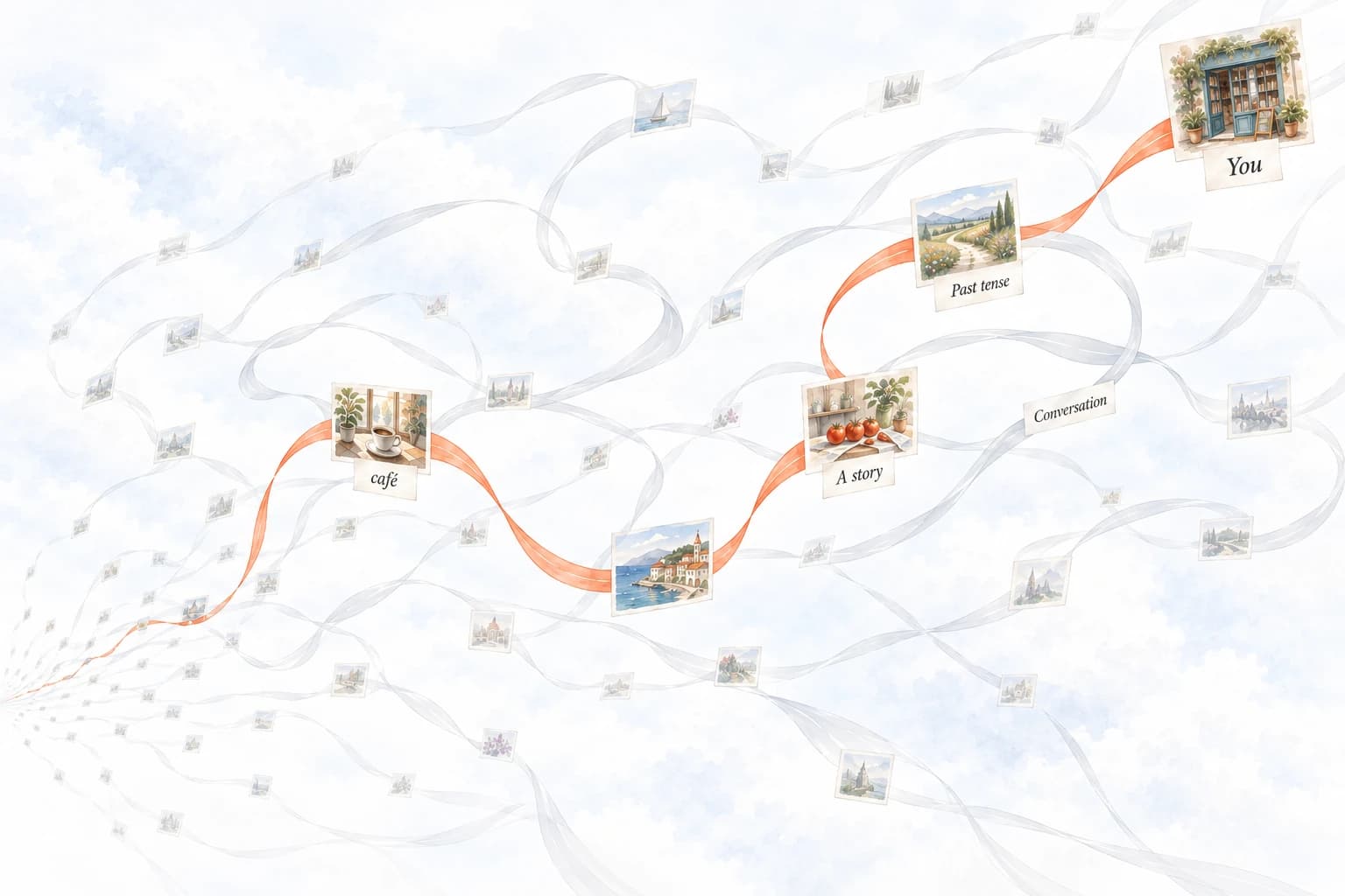 Watercolor learning paths wind, join, and split through a pale sky, carrying story illustrations. One orange route marked You curves toward the foreground.
